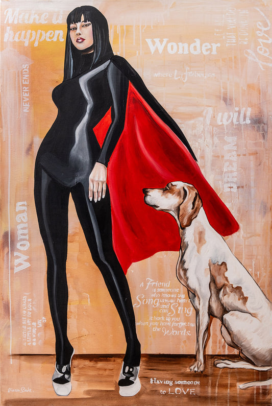 Superheroine with cape and dog