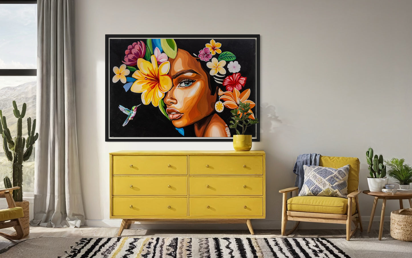 נערה עם פרחים על רקע שחור