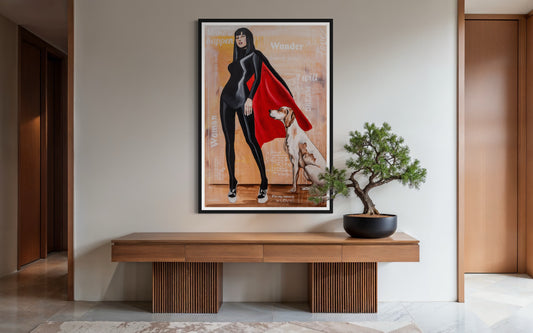 Superheroine with cape and dog